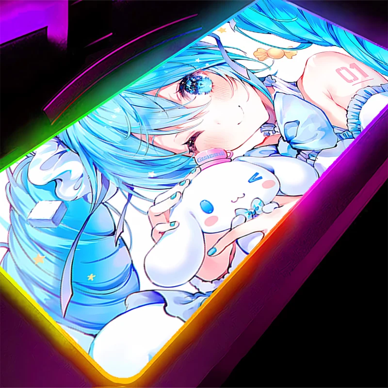 LED Mouse Pad Cinnamoroll Backlight For Best Gift Gamer Gaming Accessories Speed Keyboard Rubber Lock Edge RGB Desk Mat Laptop