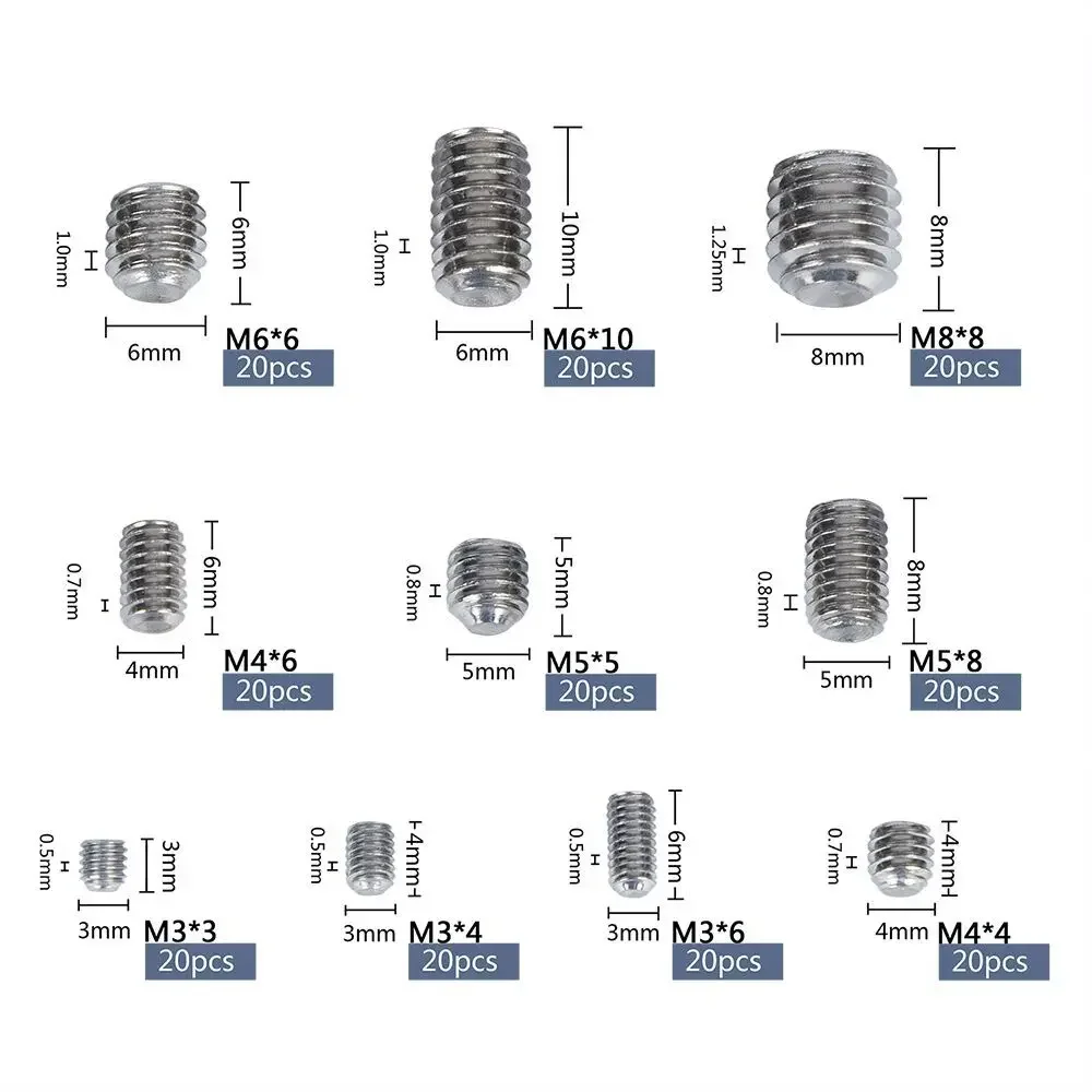 Socket Head Hex Set Screw Assortment Kit Grub Screw Cup- Metric 304 Stainless Steel M3 M4 M5 M6 M8 Cup Point Grub Screw Set