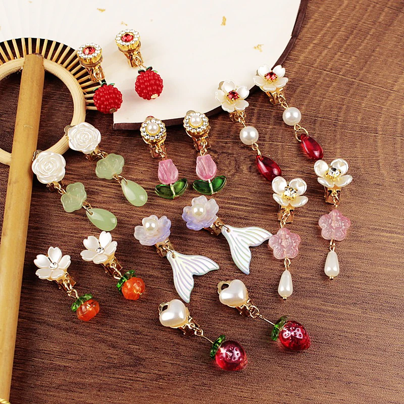 Erdbeere Kürbis Pfirsich Obst Cartoon Ohrclip Chinesische Hanfu Anhänger Ohrringe Ohrstecker Kinderzubehör