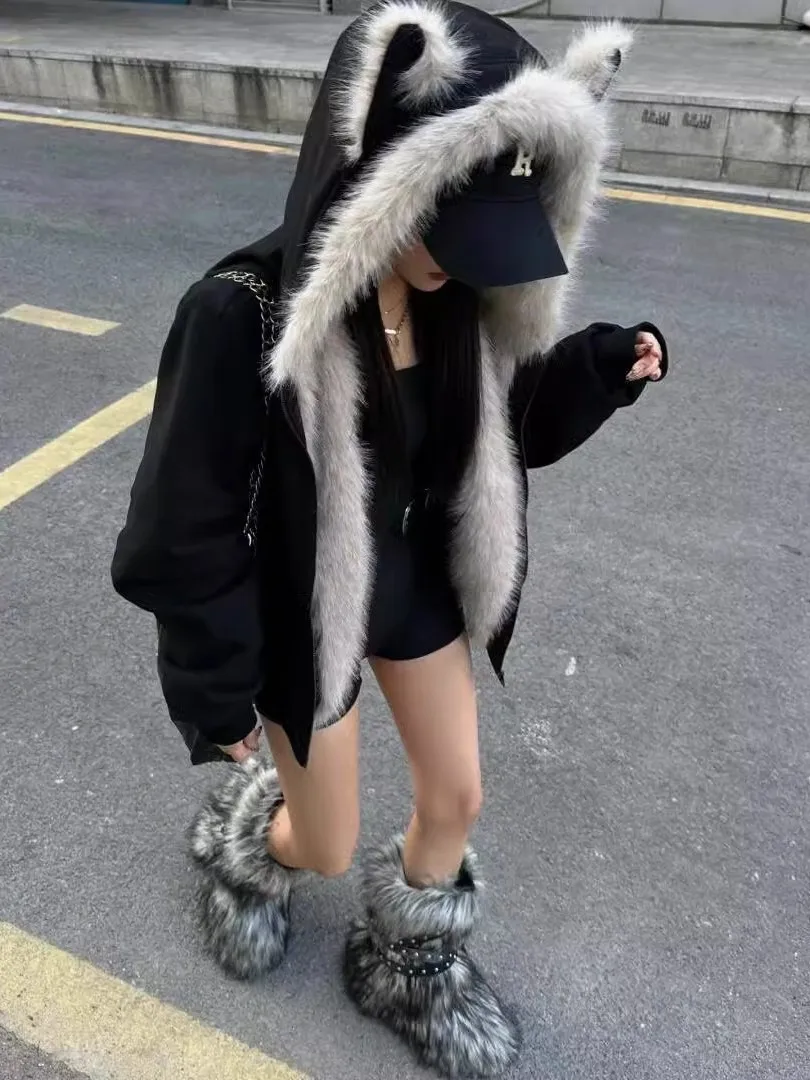 

ex Thiened Fce Winter Cotton Jaet Large Size 36kg Hooded Ear Design Casual Loose Fit Couples Coat