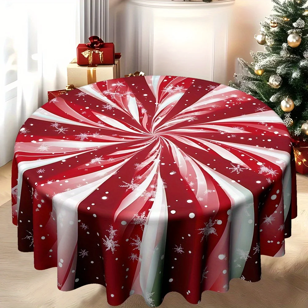 1pc Merry Christmas Snowflake Candy Cane Print Round Tablecloth Diagonal Polyester Material, Furniture Holiday Table Decor