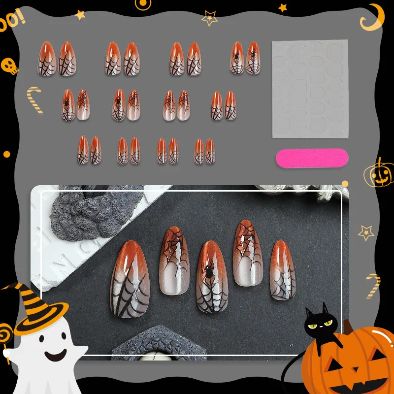 1 set arancione sfumato ragnatela design unghie finte Halloween gotico punk punte per unghie finte da donna indossabili stampa di mandorle sulle unghie
