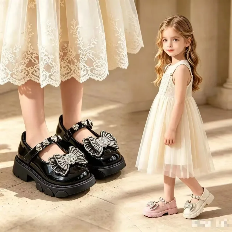 Children's Rhinestone Bow Single Shoes Girls Evening Dress Shoes Student Thick-Soled Dance Shoes Kids Casual PU Leather Shoes