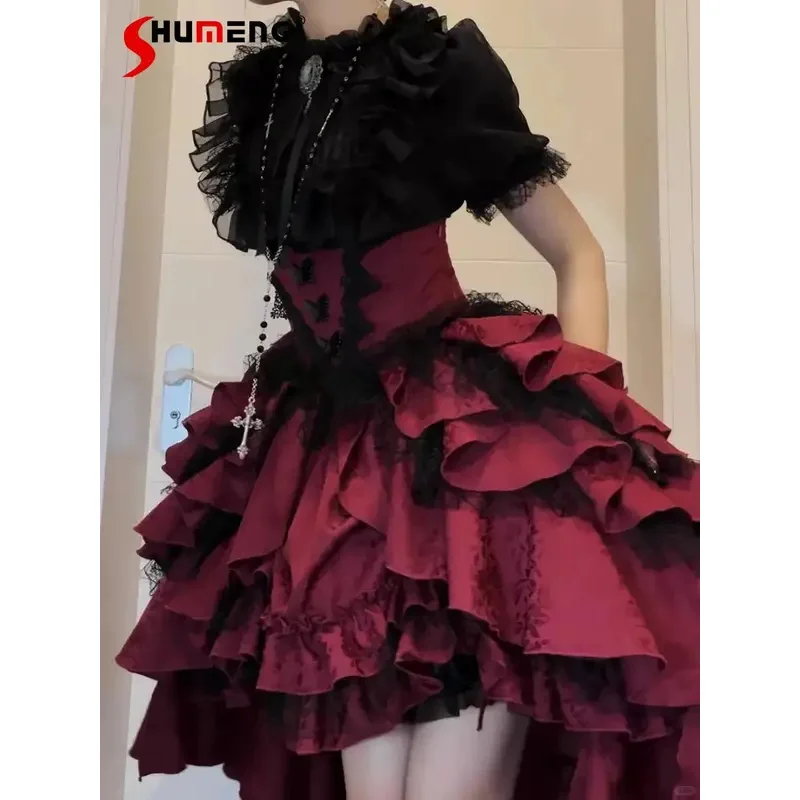 

Christmas Lolita Red Skirt Women's High Waist Elegant Irregular Lace Stitching Fishtail Skirt Lady Gothic Short Sleeve Shirts
