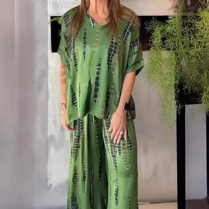 Spring Casual Print Wide Leg Pants Set Women 2 Pieces Sexy V Neck Short-sleeved T Shirt Outfit Summer Vintage Loose Street Suits