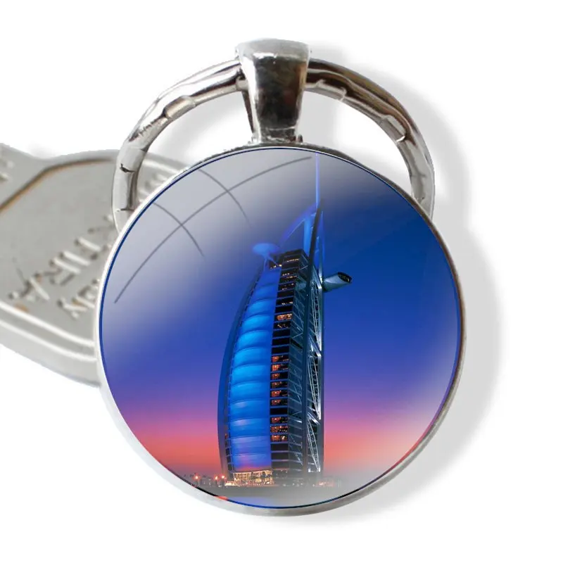 Dubai Burj Khalifa Tower Building Keychain Handmade Glass Cabochon Key Ring Holder Pendant Key Chains Funny Gift Design Creative