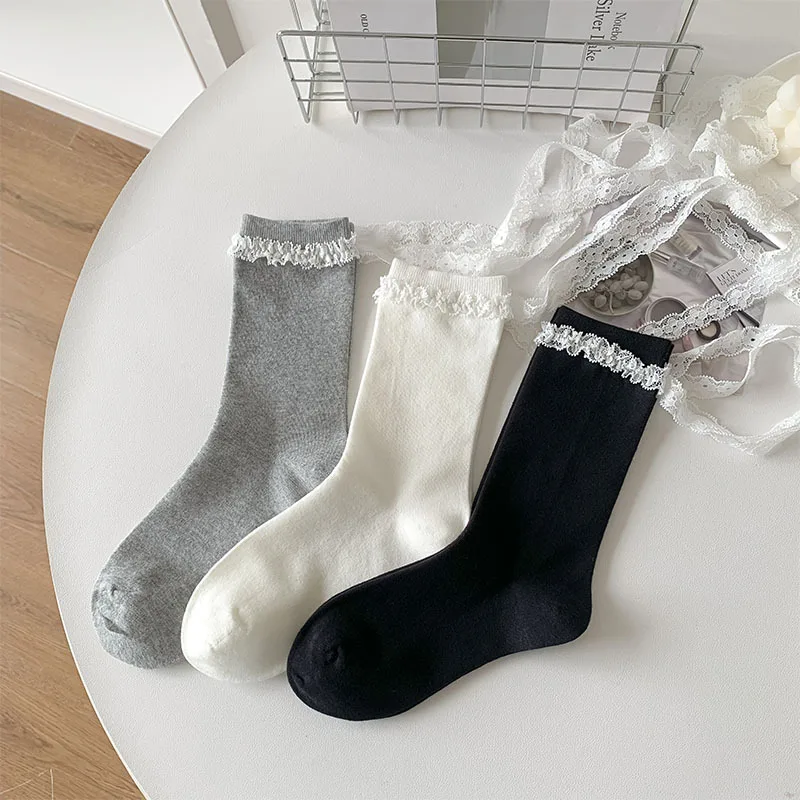 Korean Sweet Wind Lace Bow Strap Tube Socks Ins Spring and Autumn Japanese Lolita Stacking Socks