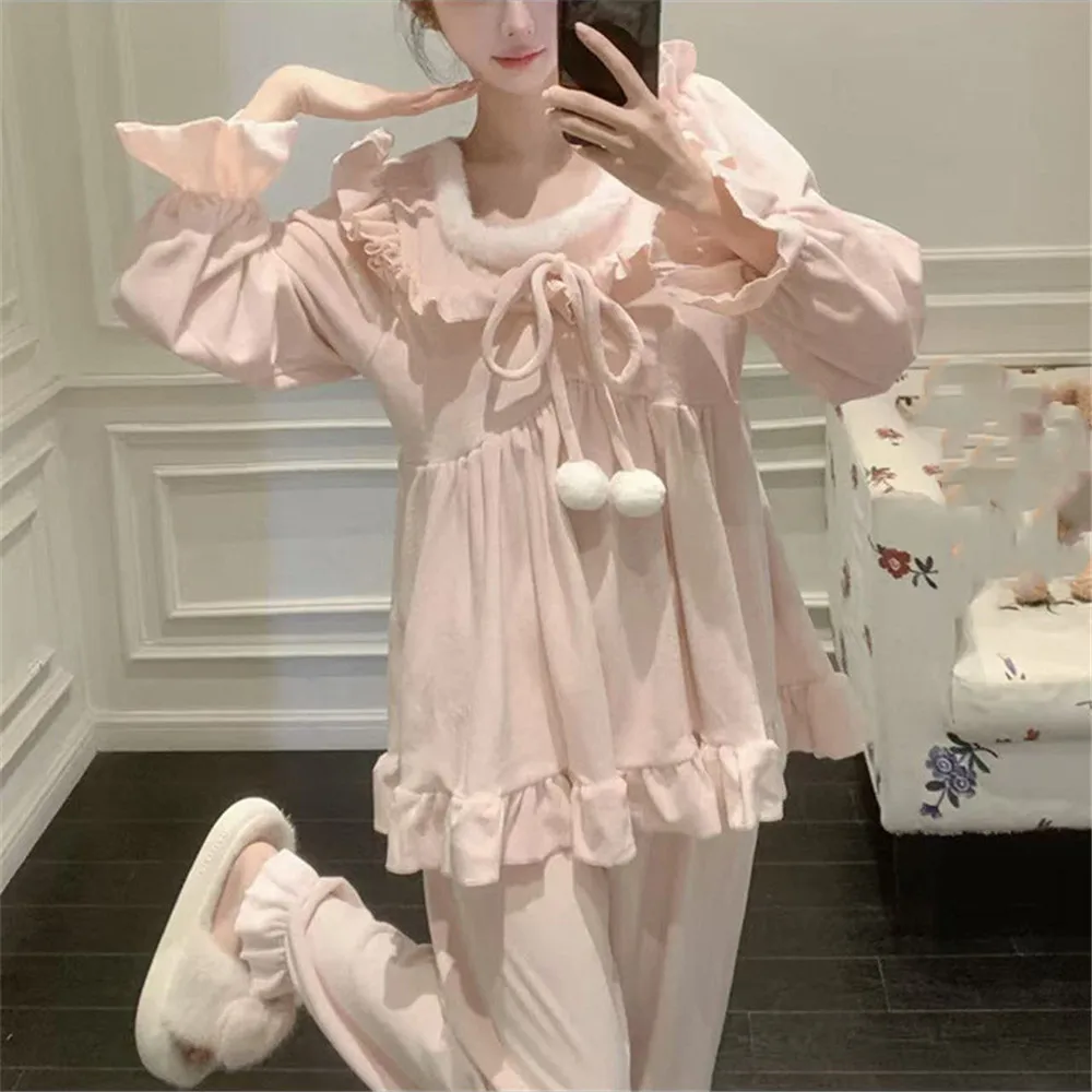 Autumn Winter Women's Pullover Pants Pajamas 2Pcs Set Loungewear Sweet French Court Style Pijamas Suit Casual Lounge Wear