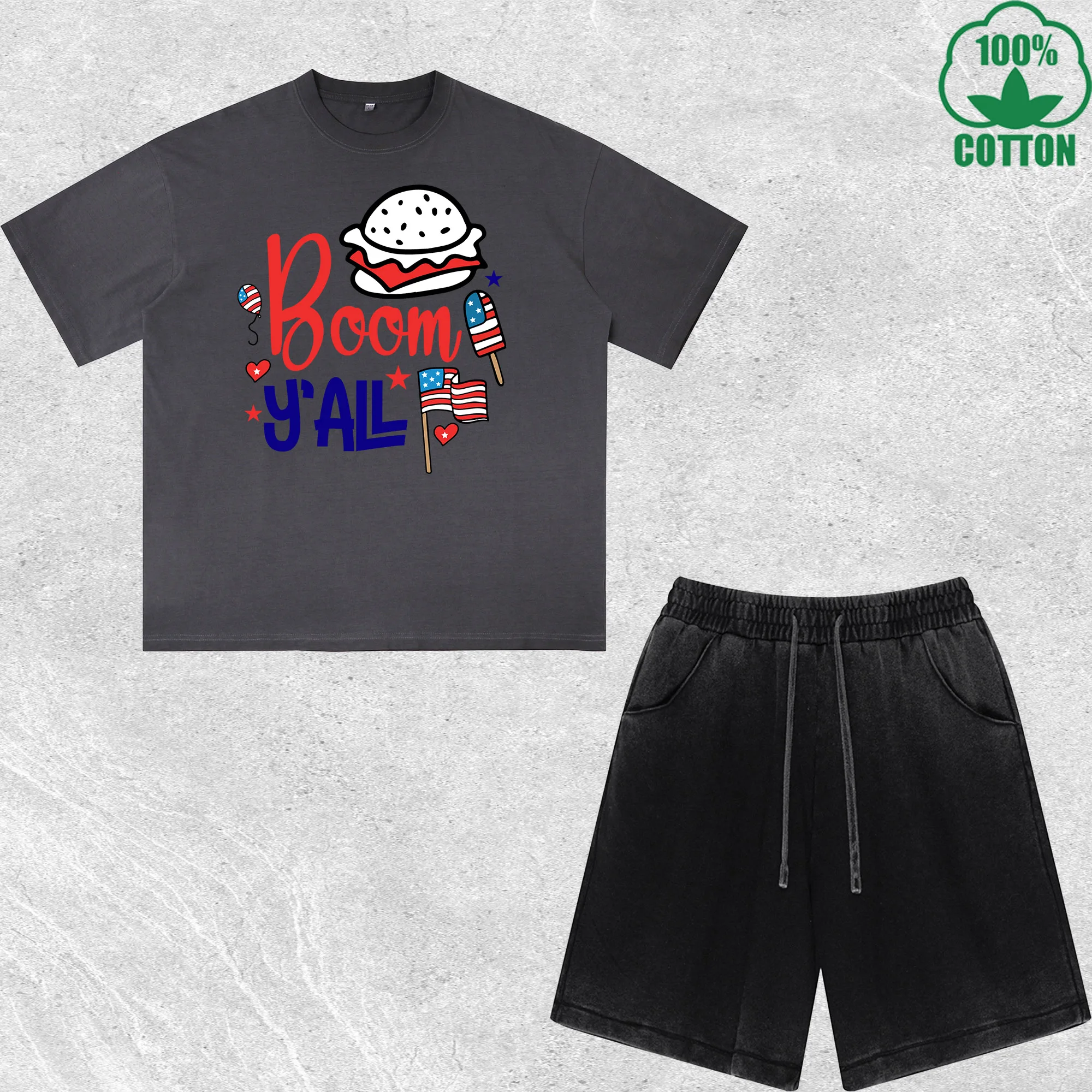 

Boom Hamburger Printed Dirty Wash T-Shirt Shorts Set Multicolor Combo Loose Trendy 100%Cotton