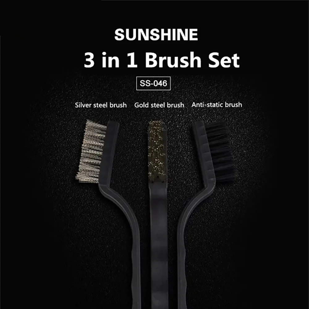 3 In 1 SS-046 Anti-static Brush for Mobile Phone Repair Motherboard IC Chip Dust Cleaning Steel Soft Brushing Tool