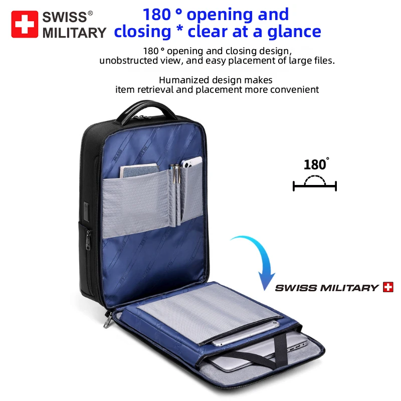 SWISS MILITARY ใหม่ผู้ชายกระเป๋าเป้สะพายหลังกลางแจ้งขยายกระเป๋าเป้สะพายหลังแล็ปท็อปเชิงพาณิชย์เดินป่ากระเป๋าเดินทางกันน้ําพร้อมการชาร์จ USB
