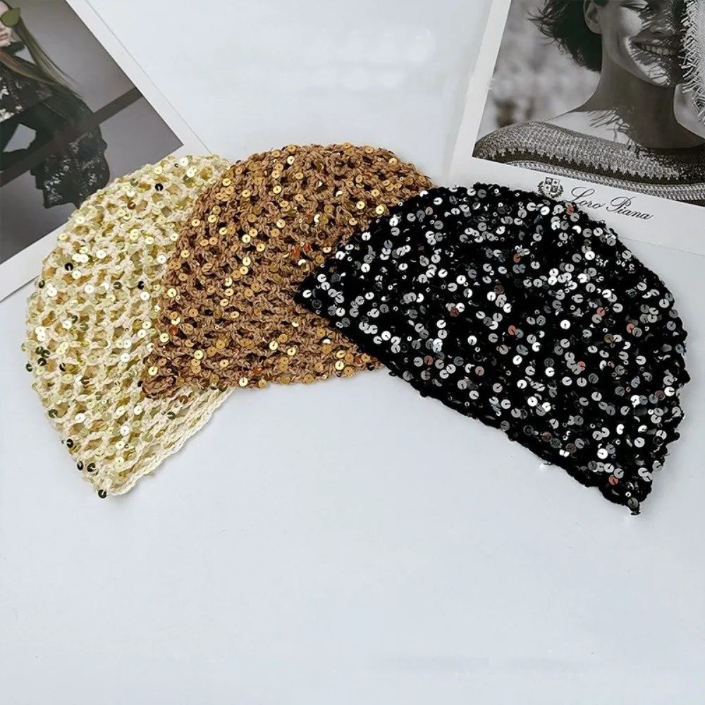 Fashion Hollow Knit Hollowed Out Beanie Hat Breathable Fringed Crochet Sequined Hat Korean Style Sequined Weave Cap Women