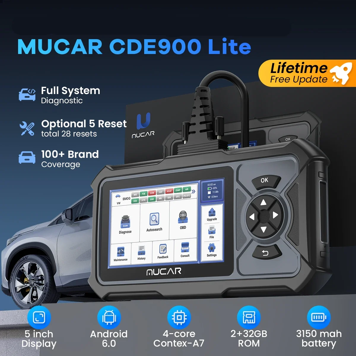 MUCAR CDE900 LITE OBD2 Automotive Scanner Professional Code Reader 2GB RAM 32GB ROM 5-Function ECU Diagnostic Tool with Full System Free Update
