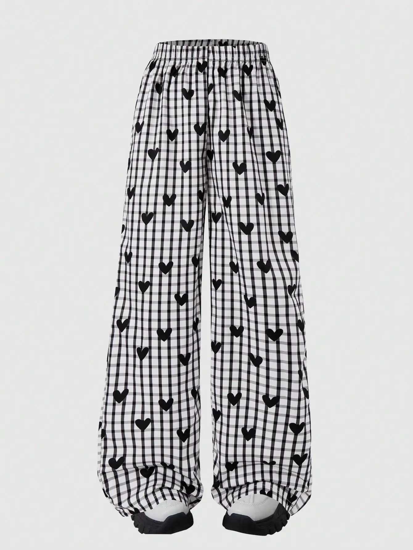 Girls' fashionable pants for spring and autumn, outdoor casual checkered heart pattern wide-leg pants for girls