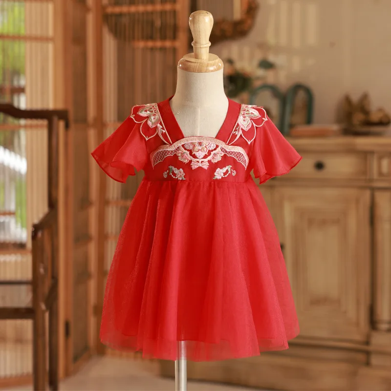 Summer Toddler Girl Clothes China Style Mesh Embroidery Kids Dresses Short Sleeve Birthday Dress Baby Boutique Clothing BC248