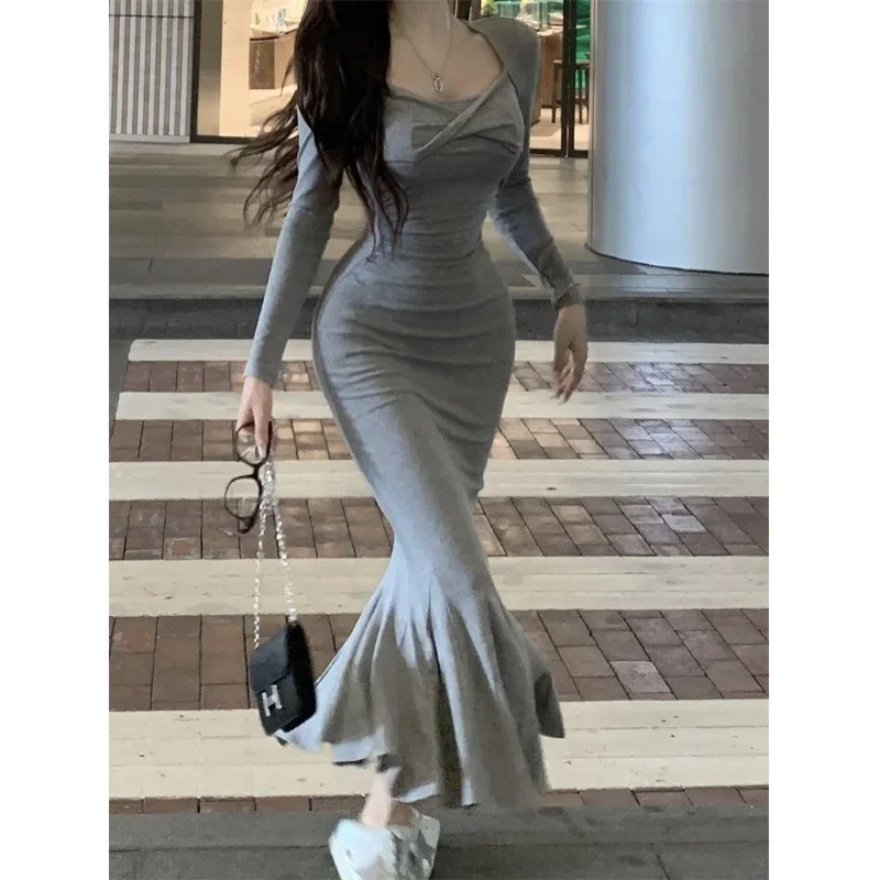 Grey Long Sleeves Square Collar Knit Dress Women's Autumn Pure Desire Sexy Waist-Fitted Hip Tail Long Dress