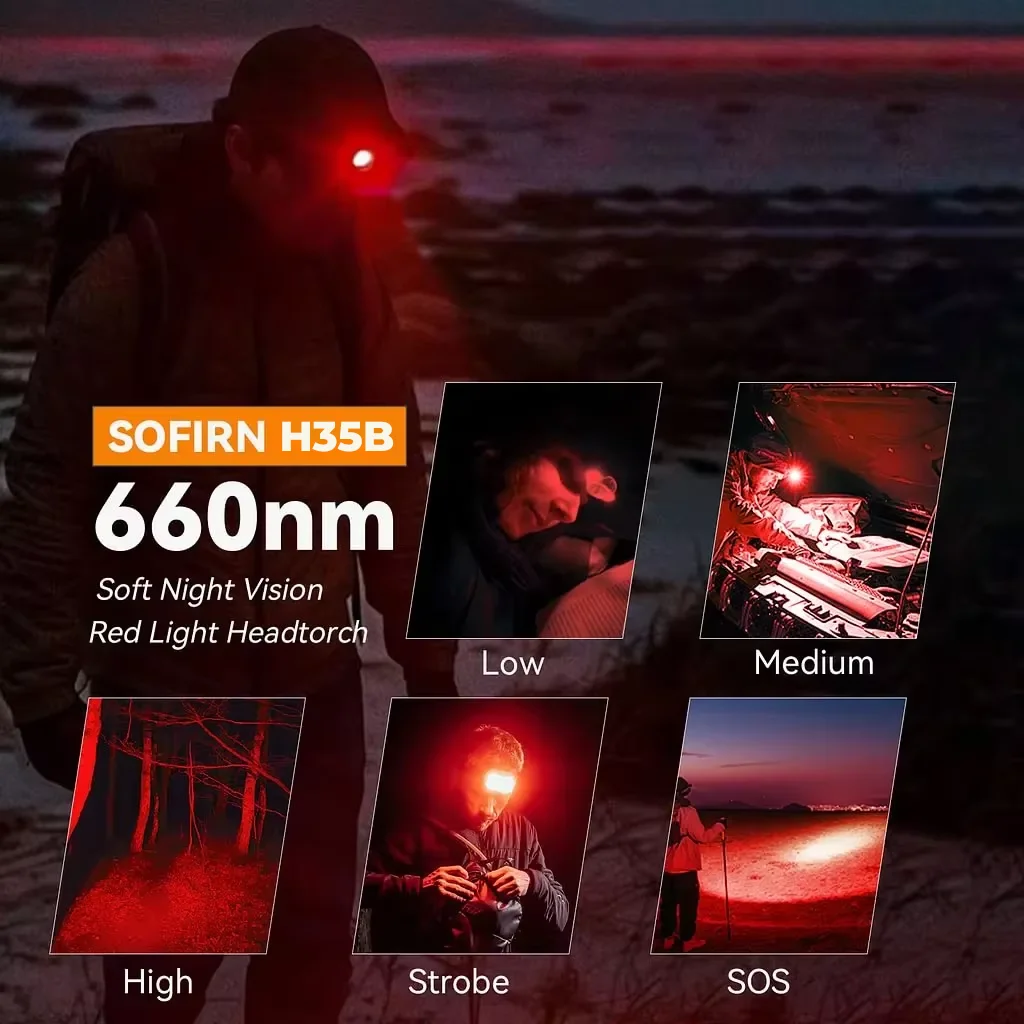 Sofirn H35B 1500LM Rechargeable Head Flashlight 630nm Night Vision Red Light USB-C Charging 18650 Headlamp for Camping Hunting