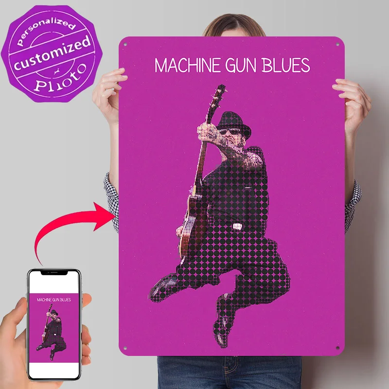 Machine Gun Blues Metal Poster Perfect Gift for Fans Lovers Personalized Wall Art Metal Sign for Gaming Room Decoration Man Home