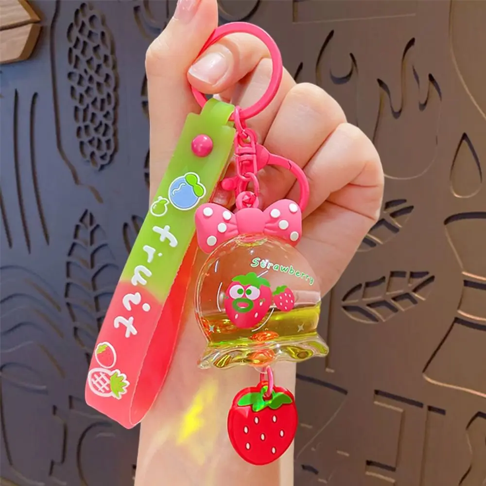 Exquisite Bow Cartoon Fruit Keychain Cute Kawaii Wind chime keychain PVC Ornament Liquid Keyring Couple