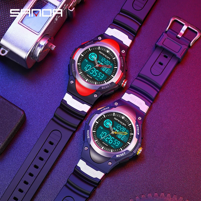 SANDA Mens Electronic Watch Mens Dual Display Clock Business Male Watches 50M Waterproof Men Wrist For G style Relogio Masculino