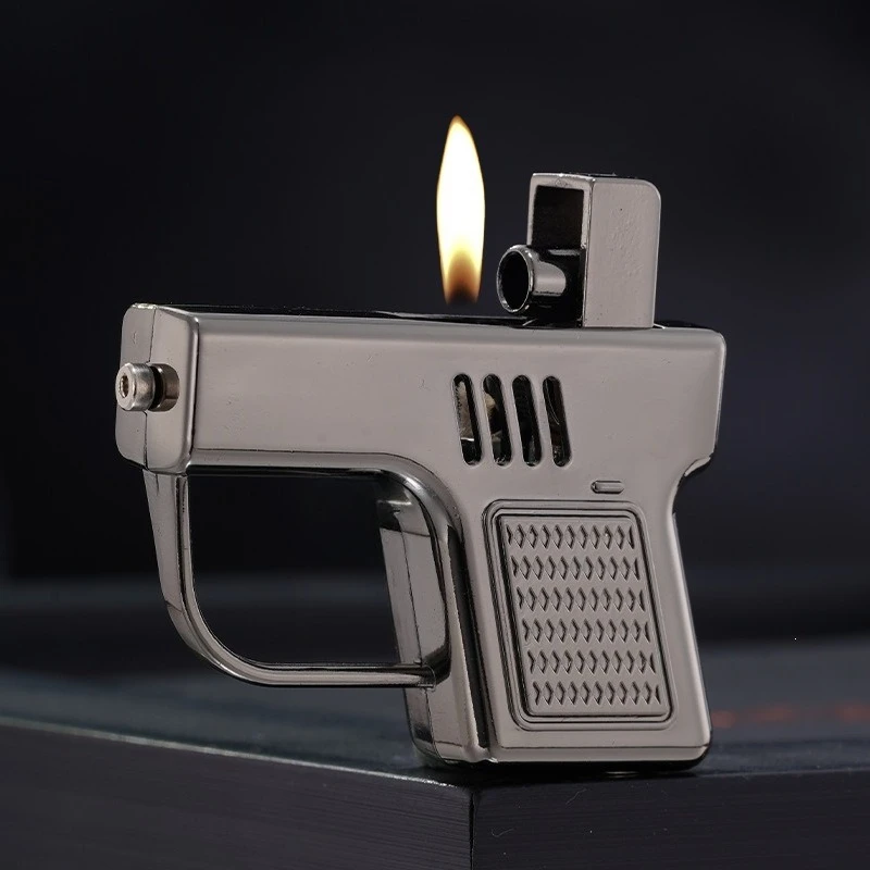 

Mini Small Metal Pistol Shaped Oil Lighter Fashionable Windproof Open Flame Refillable Cigarette Lighter Cool Gifts for Men