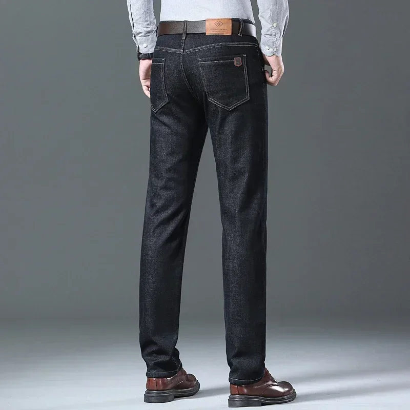 شتاء دافئ الصوف مستقيم الجينز الرجال سميكة الحرارية عادية تمتد الدنيم السراويل الذكور العمل الأعمال السراويل الذكور الملابس