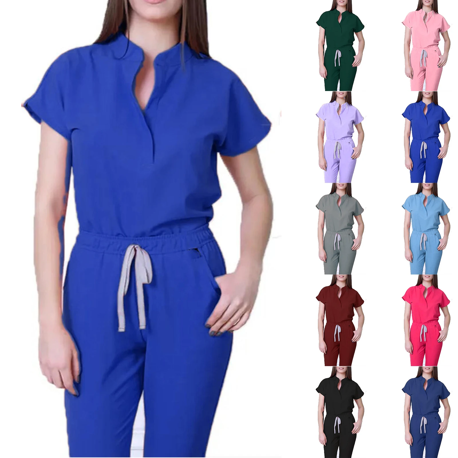 Damen-Krankenschwester-Overall, Stehkragen, kurze Ärmel, mehrfarbig, Kordelzug an der Taille, mehrere Taschen, medizinische Uniform, Arbeitskleidung für das Gesundheitswesen