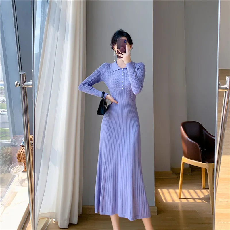 New Women Knitted Slim Dress Long Sleeve 2024Early Spring Female Sweater Midi Robes Elegant Pleated Wrapped Hip Bodycon Dresses