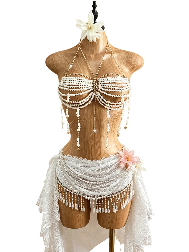 Pearl Beaded Bra Chain Crossbody Neck Hanging Vest Body Chain Tight Fit H-Shape Backless Breathable Short Length  Color