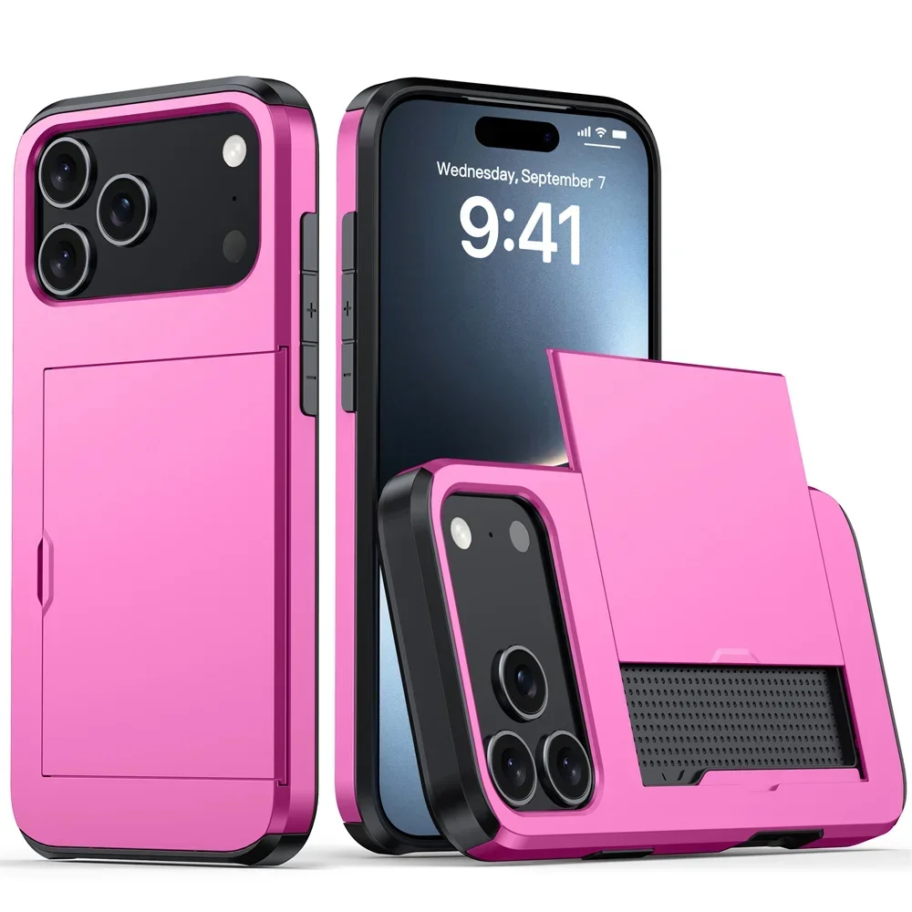 Robuste Handyhülle für iPhone 18 17 16 Plus 15 Pro 15 14 13 12 11 Pro Max mit Brieftaschen-Kartenhalter und Schiebeverschluss aus hartem PC-Schutzmaterial – Detail 9