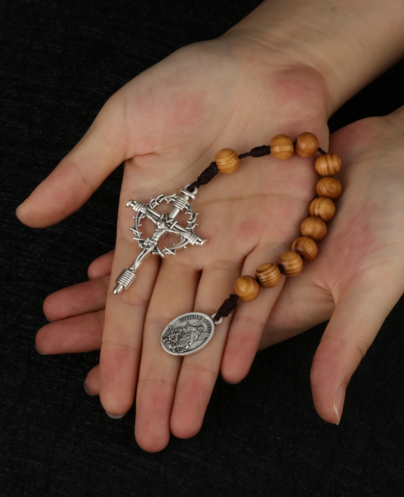 تاج الكرمة من الشوك الصليب مسمار الصليب سانت مايكل ميدالية جيب الوردية اليدوية خشبية خرز للصلاة العقد الأول سلسلة شابليت