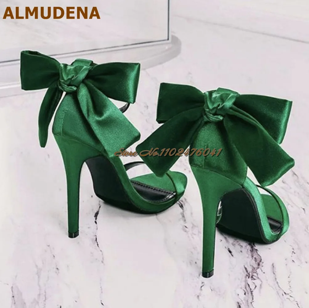 

ALMUDENA Emerald Green Satin Cloth Butterfly-Knot Sandals Stiletto Heels Single Band Buckle Strap Dress Shoes Bowtie Back Heels