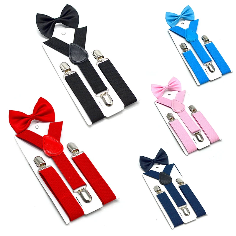 Fashion Soild Color Children Belt Bowtie Set Baby Boys Girls Suspenders Clip-on Y-Back Braces Bow Tie Elastic Kids Adjustable