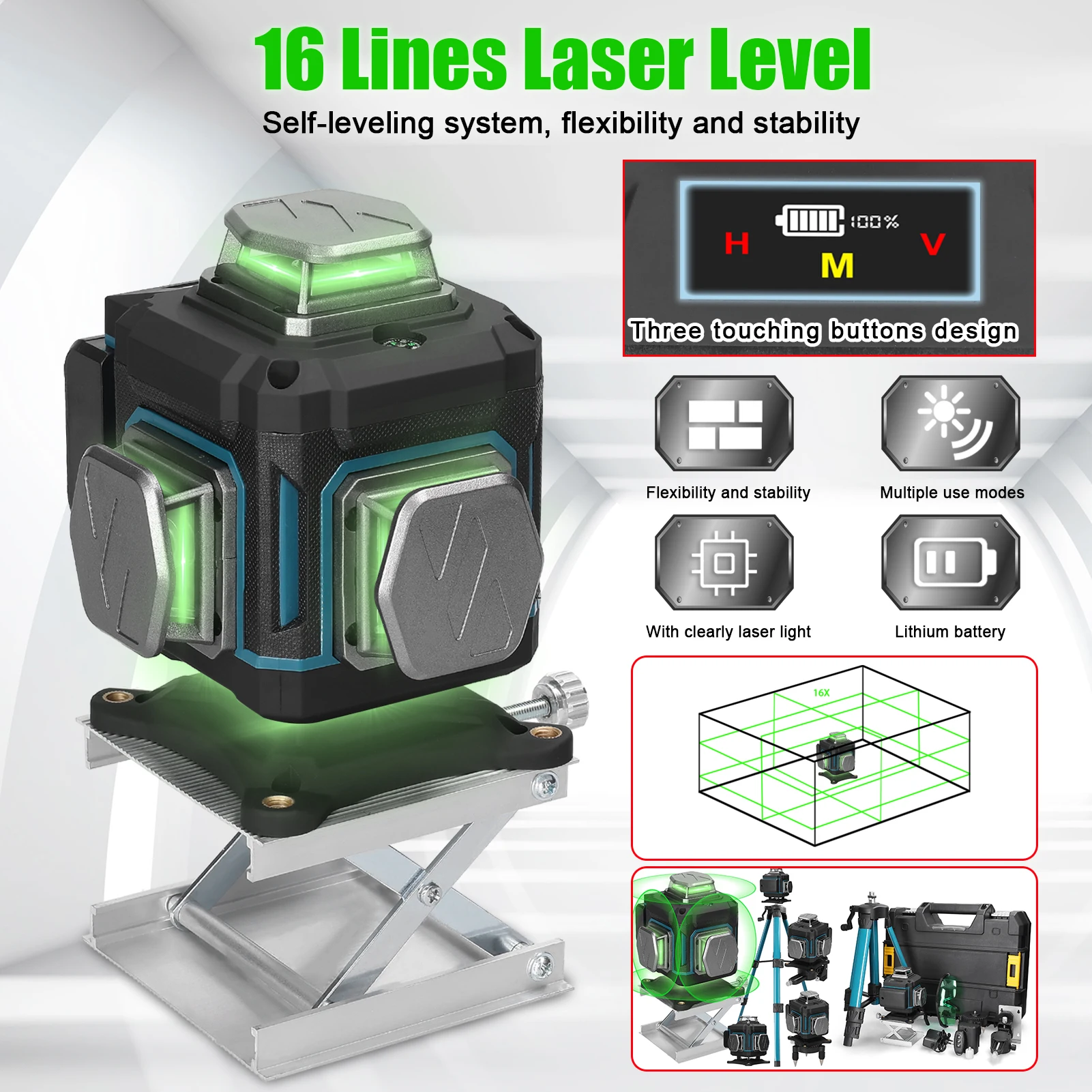 4D 16 Lines Laser Level Self-leveling Machine Horizontal Vertical and Oblique lines Leveling Ground