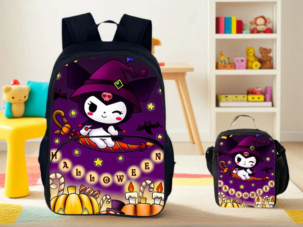 

Kid Kuromi Canvas School Bag with Insulated Lunch Tote Set,Back to School Lightweight Backpack for Boy,Girl