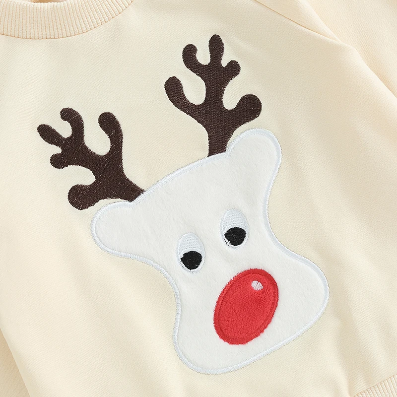 Infant 2 Piece Set Baby Boy Girl Christmas Reindeer Embroidery Round Neck Sweatshirt and Drawstring Pants Toddler Outfit Cute