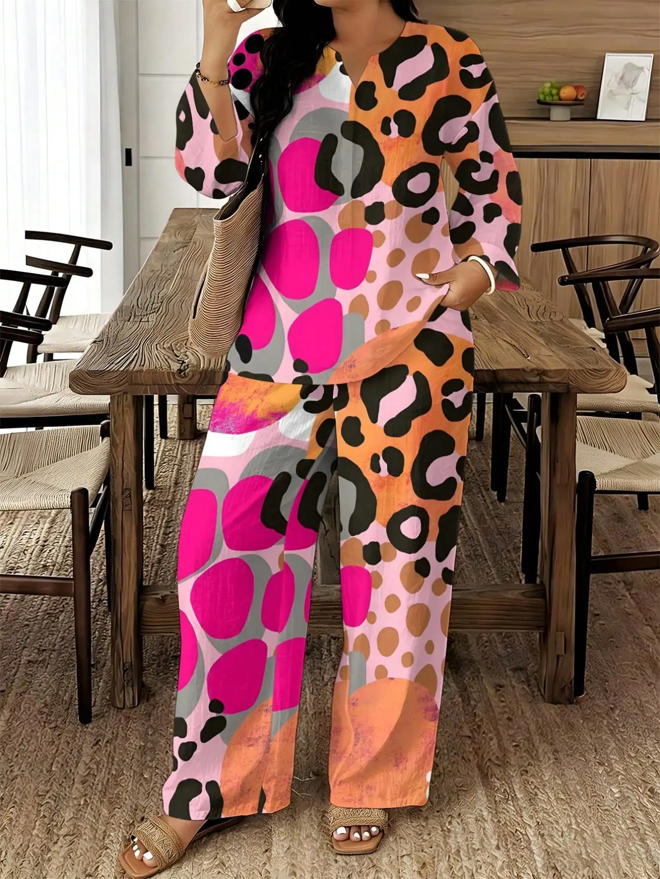 

Vibrant Leopard Print Women's Two-Piece Set Pink Orange Block Casual Summer Outfit