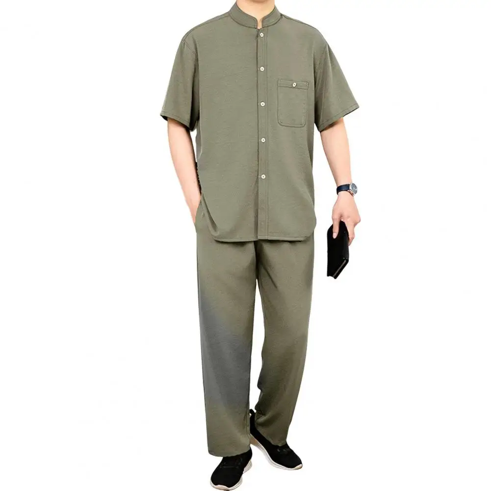 Conjunto de 2 unidades de traje para hombre con cuello levantado, camisa de manga corta con una botonadura, pantalones largos con cintura elástica, conjunto de Color sólido, corte holgado, ocio