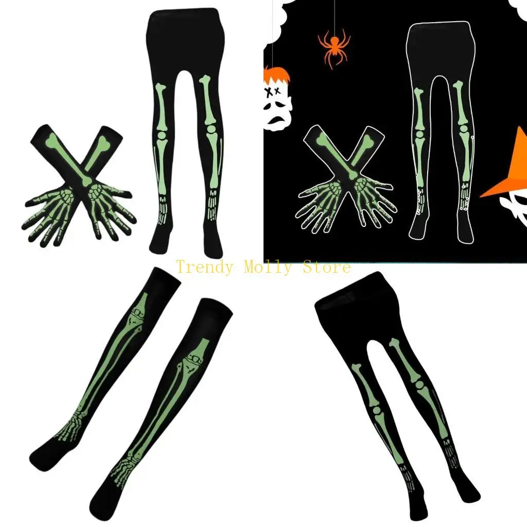 

N5KB Хэллоуин перчатки со скелетом светящиеся длинные носки ужасные колготки чулки гольфы для карнавалов