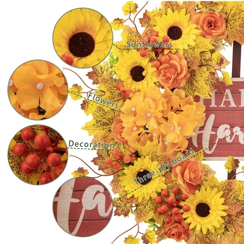 

Thanksgiving Wreath with Wheel Autumn Harvest Wreath for Front Door Farmhouses Garden Inside Outside Decorations 15UB