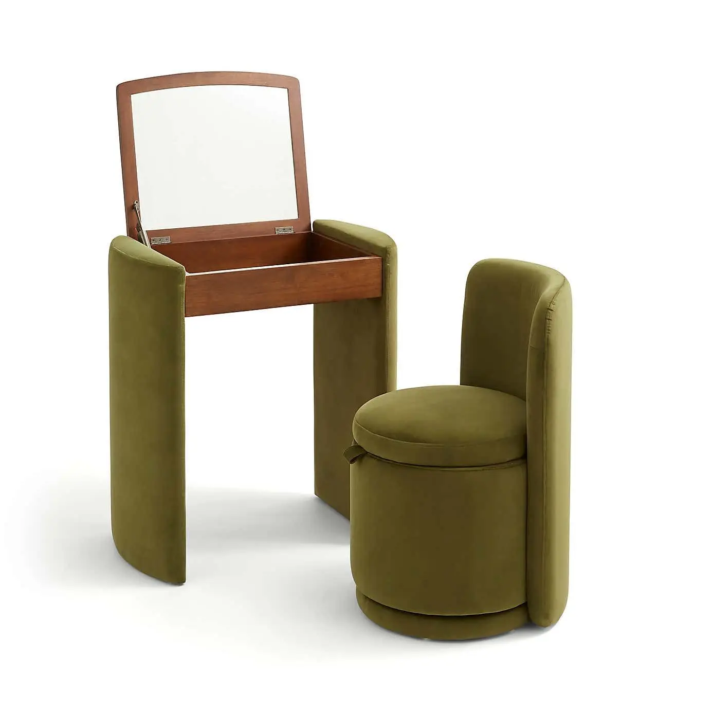 Vintage Velvet Corner Dressing Table Set Compact Wooden Makeup Vanity Desk With Hidden Mirror and Stool for Small Spaces