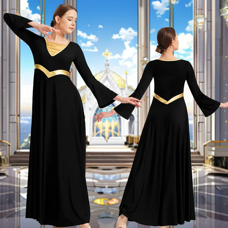 

Женское металлическое платье с длинными рукавами для танцев, для взрослых, для богослужений и хоровых выступлений, без подкладки, с расклешенной юбкой.