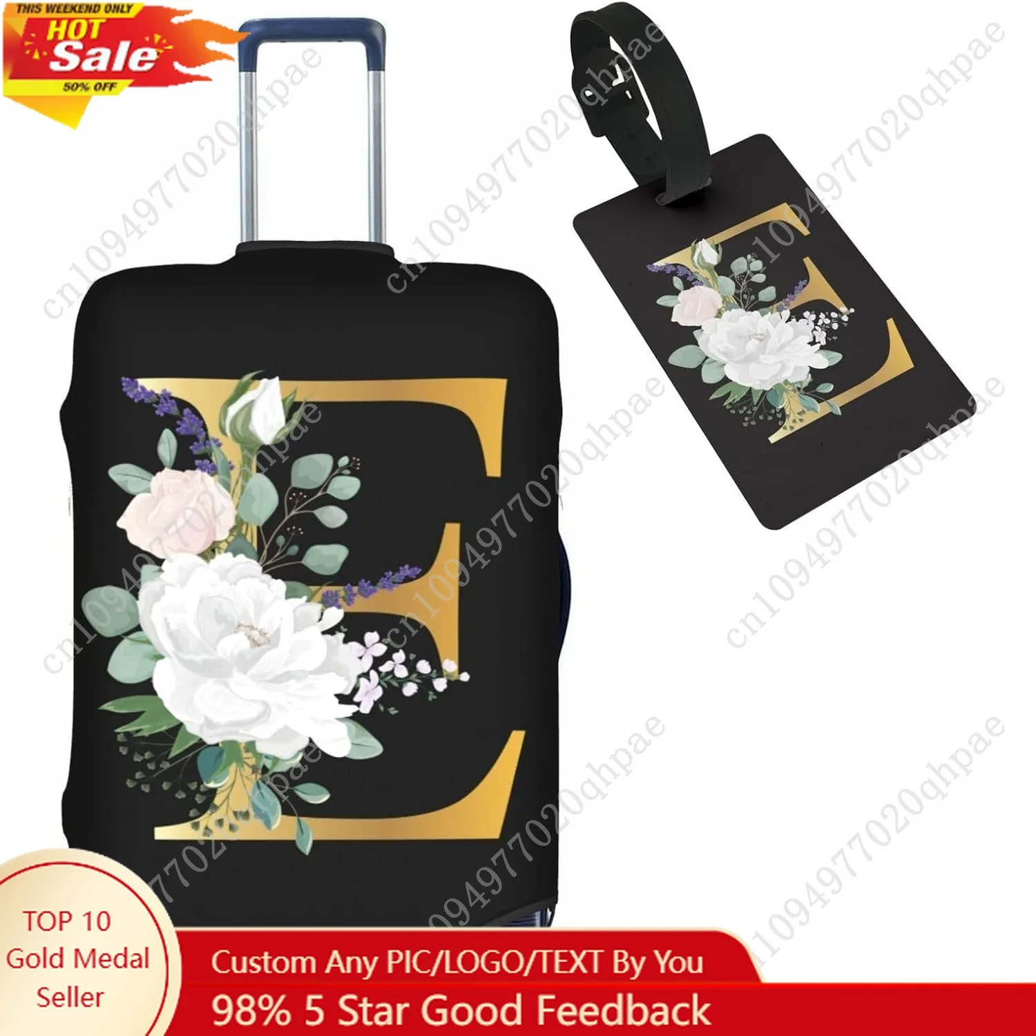 

Flower Letter E Black Luggage Cover with Luggage Tag Elastic Washable Stretch Suitcase Protector Anti-Scratch Travel Suitcase Co