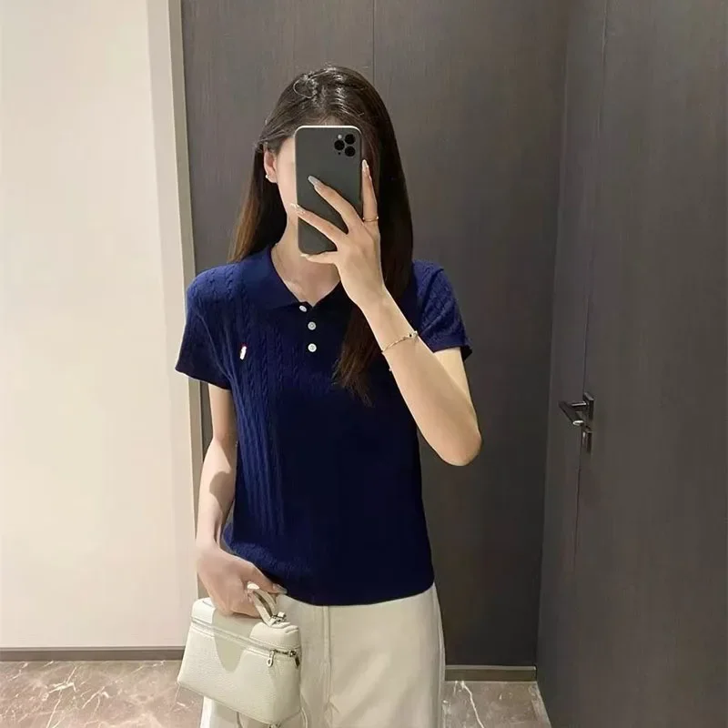 Women's Clothing Korean Version Pony Embroidery Knit Shirts Summer Slim Polo Collar T-shirt Lady Casual Short Sleeve Button Tops