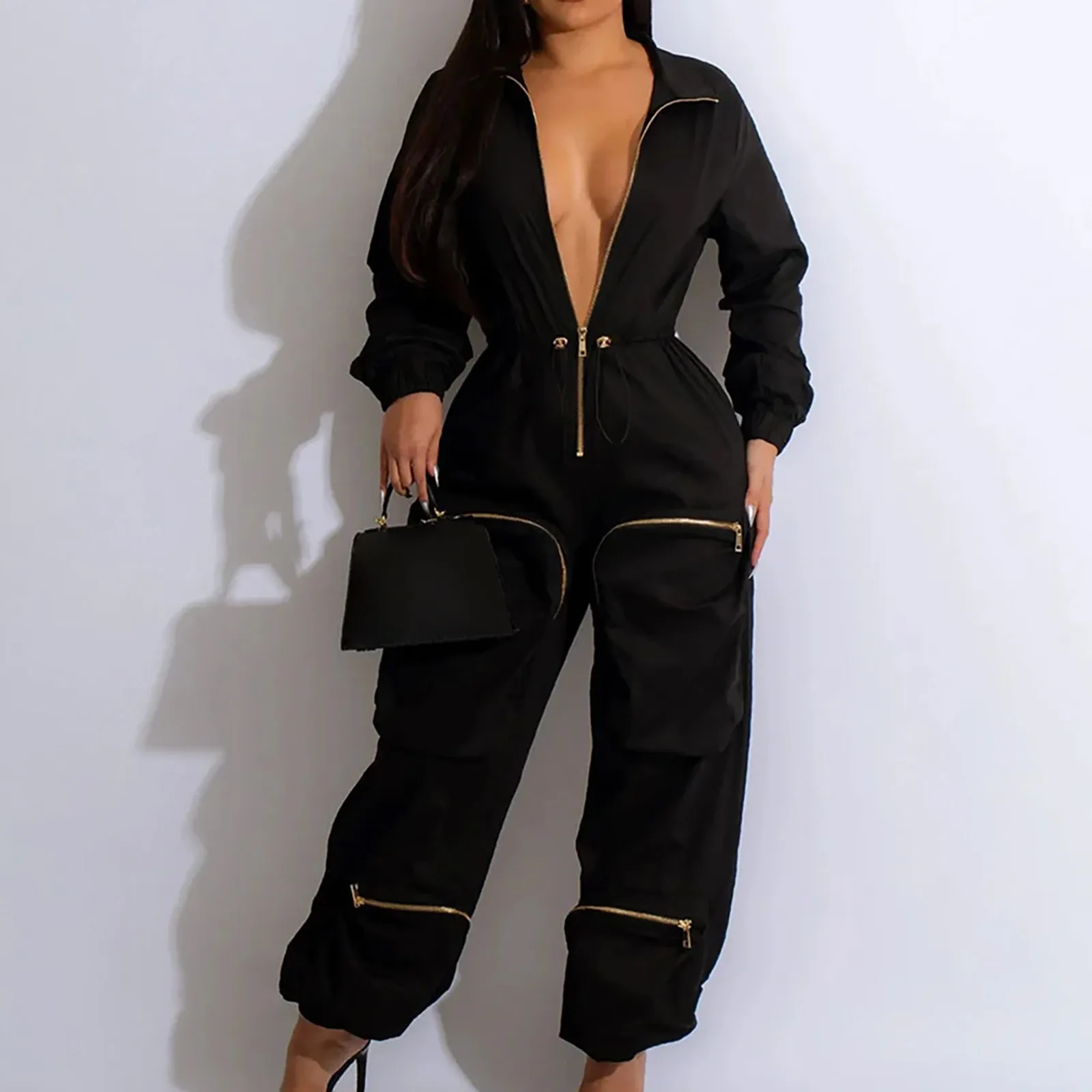 Neckline Cargo Jumpsuit Metal Zipper Bread Bag Pants Deep V Zipper Long Overalls For Women Streetwear Overalls Top Outfits