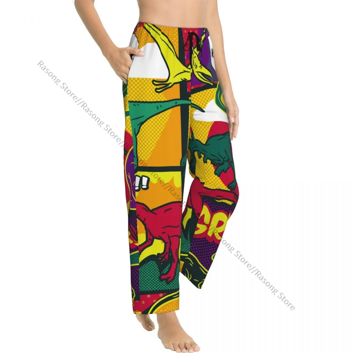 Warm Women Pajama Pants Dinosaurs Comic Pop Art Flannel Sleep Bottoms Soft Fleece Loungewear