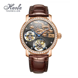 HAOFA 18K Gold Double Tourbillon Movement Skeleton Mens Watch Manual Mechanical Diamond Rose Luxury Watches For Men Sapphire 002