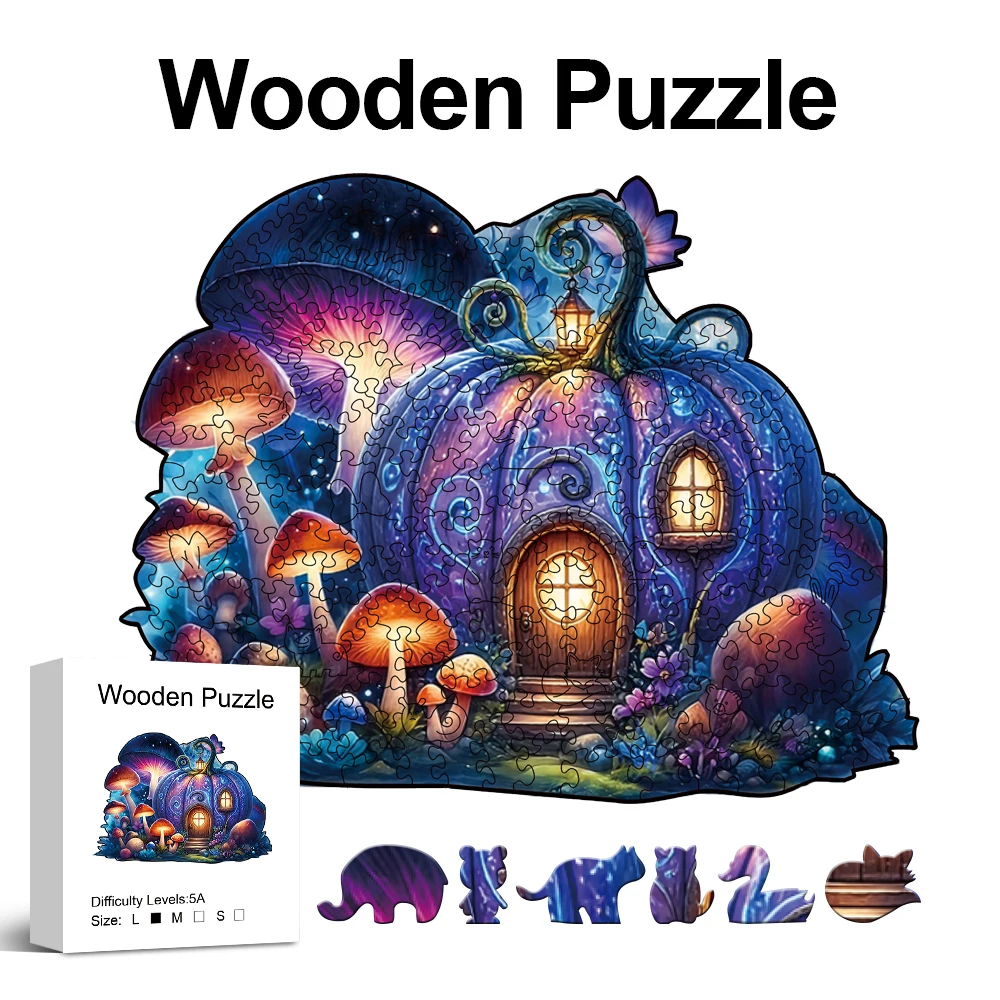 Dreamy Pumpkin House Wooden Jigsaw Puzzle, Uniquely Irregular Animal Shaped Wooden Puzzle For Adults, Perfect Holiday Gifts