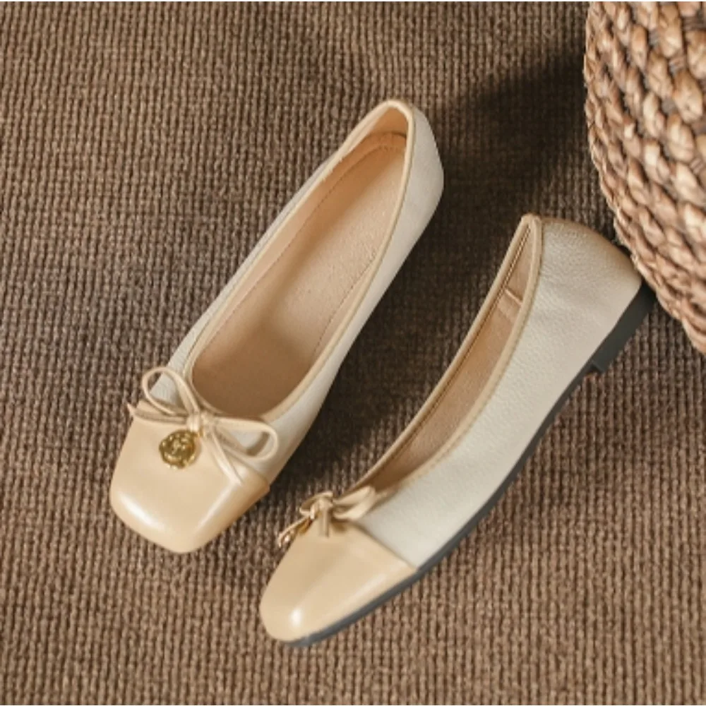 Color Blocking Pumps Women's Autumn Square Toe Flat Shoes for Women New Soft Bottomed Bow Grandma Shoes Flats Zapatos Be Mujer