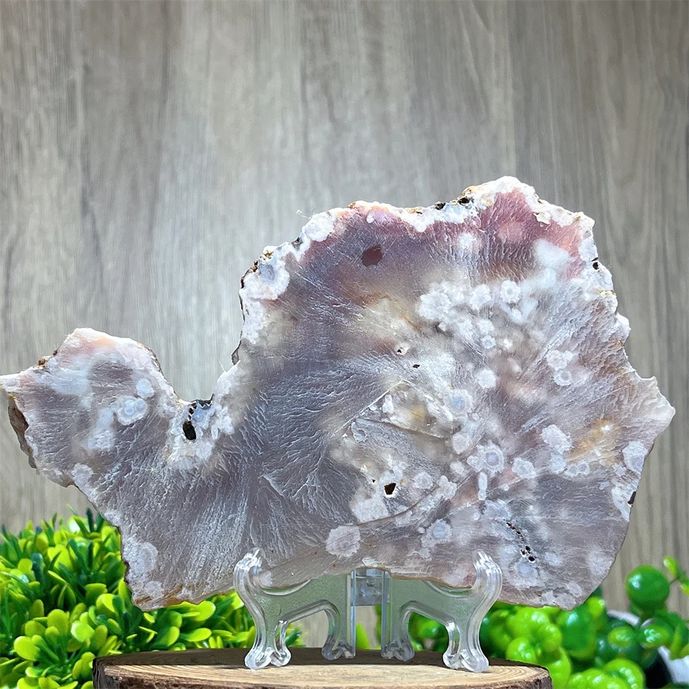 Crystal Natural Pink Amethyst Flower Agate Slab Minerals Energy Gemstone Geode Healing Reiki Spiritual Home Decoration+Stand